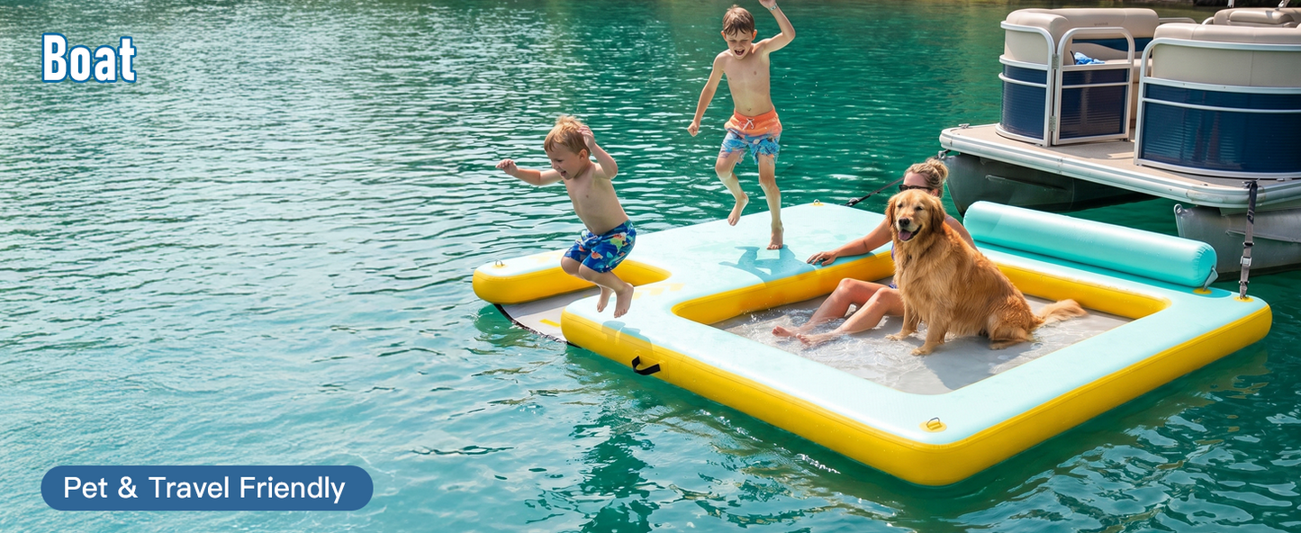 10FT Inflatable Floating Dock with Water Hammock & Dog Ramp, Portable Swim Platform for Lakes, Boats & Pools