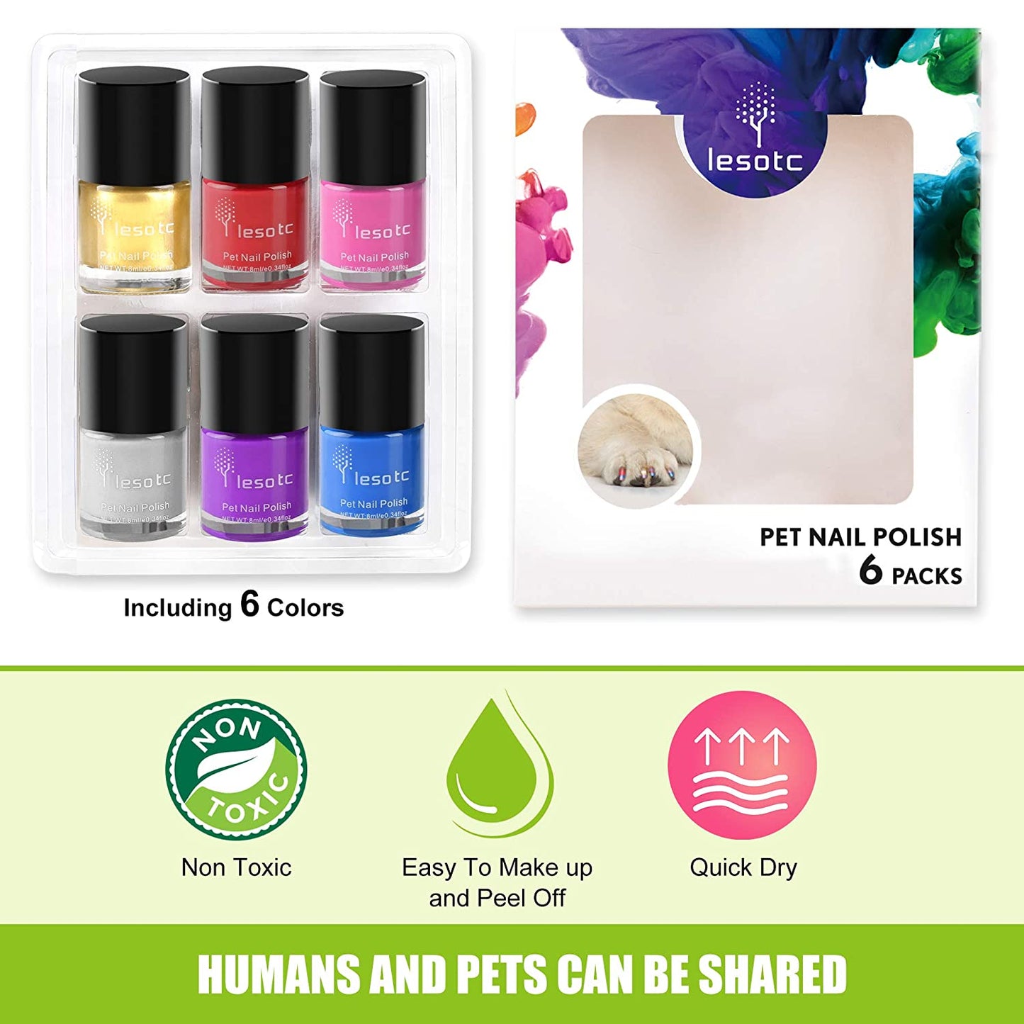 Dog Nail Polish Set, Non-Toxic Water-based, 6 Color Set
