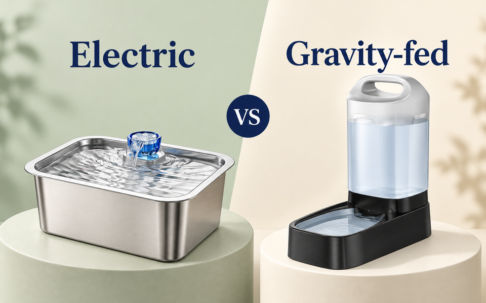 Electric stainless steel fountain and gravity-fed dog waterer, side by side