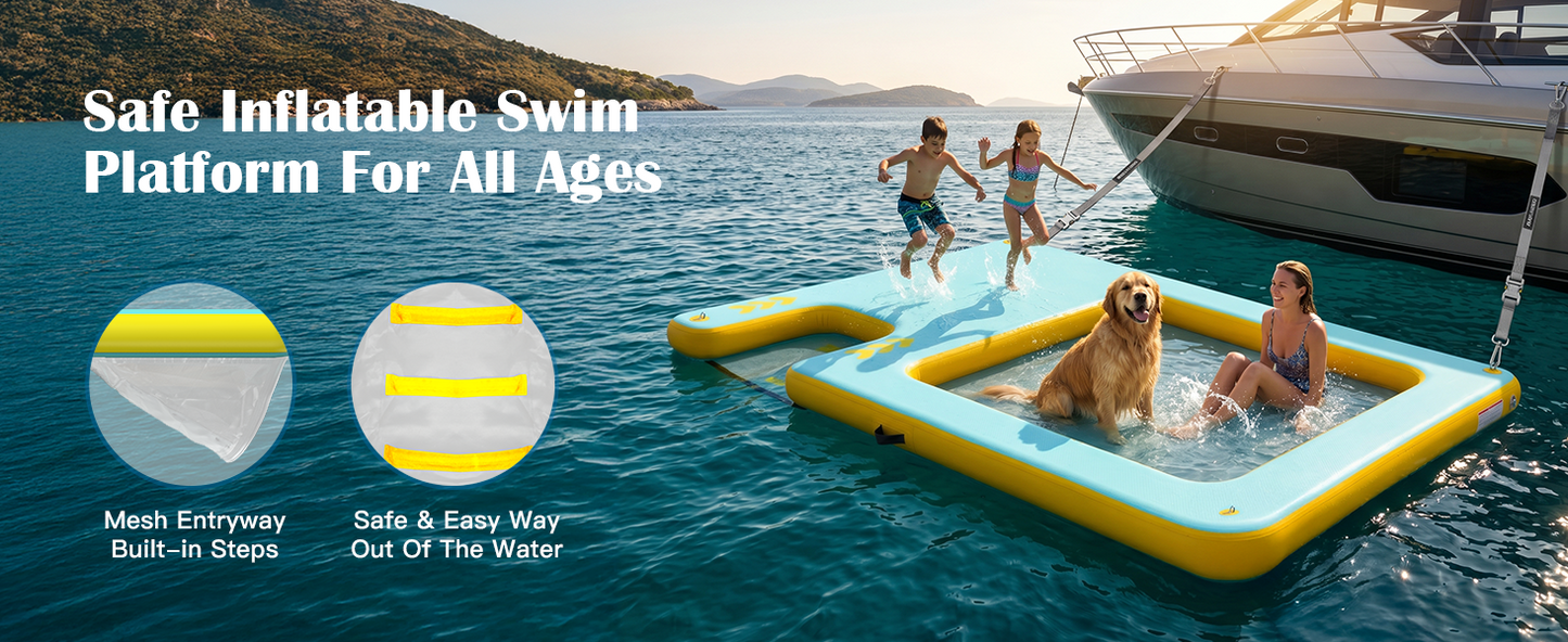 8FT Inflatable Floating Dock with Water Hammock & Dog Ramp, Portable Swim Platform for Lakes, Boats & Pools