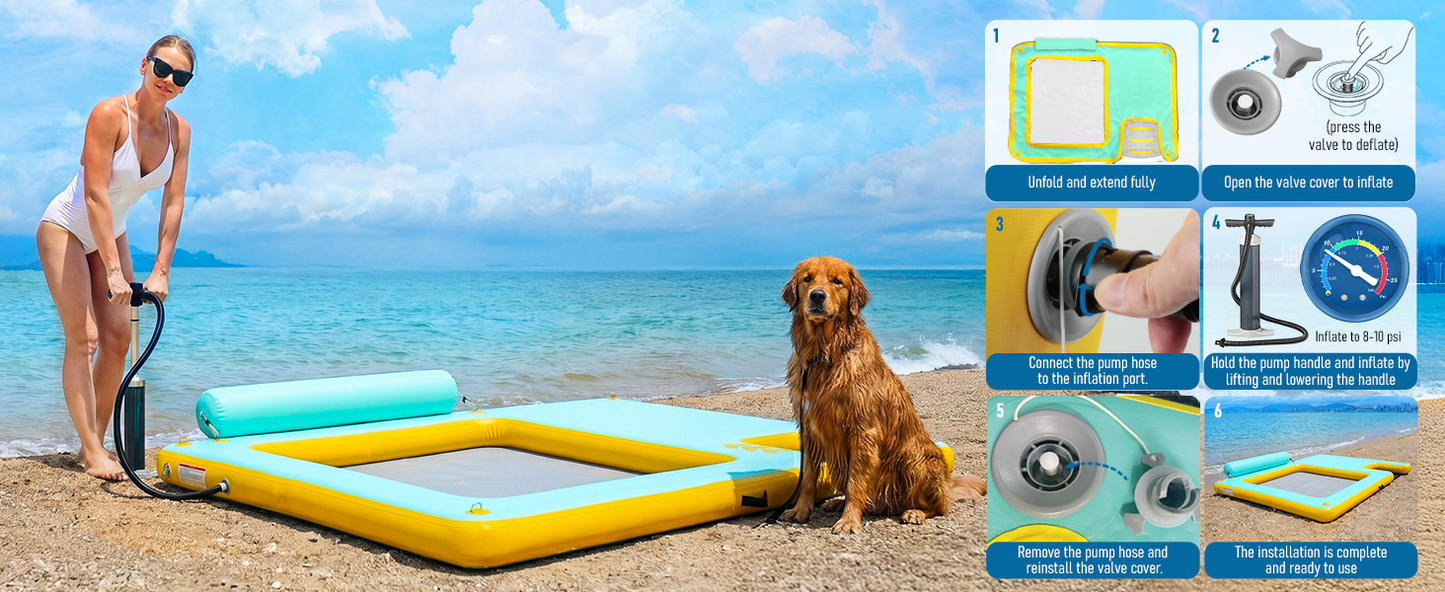 10FT Inflatable Floating Dock with Water Hammock & Dog Ramp, Portable Swim Platform for Lakes, Boats & Pools