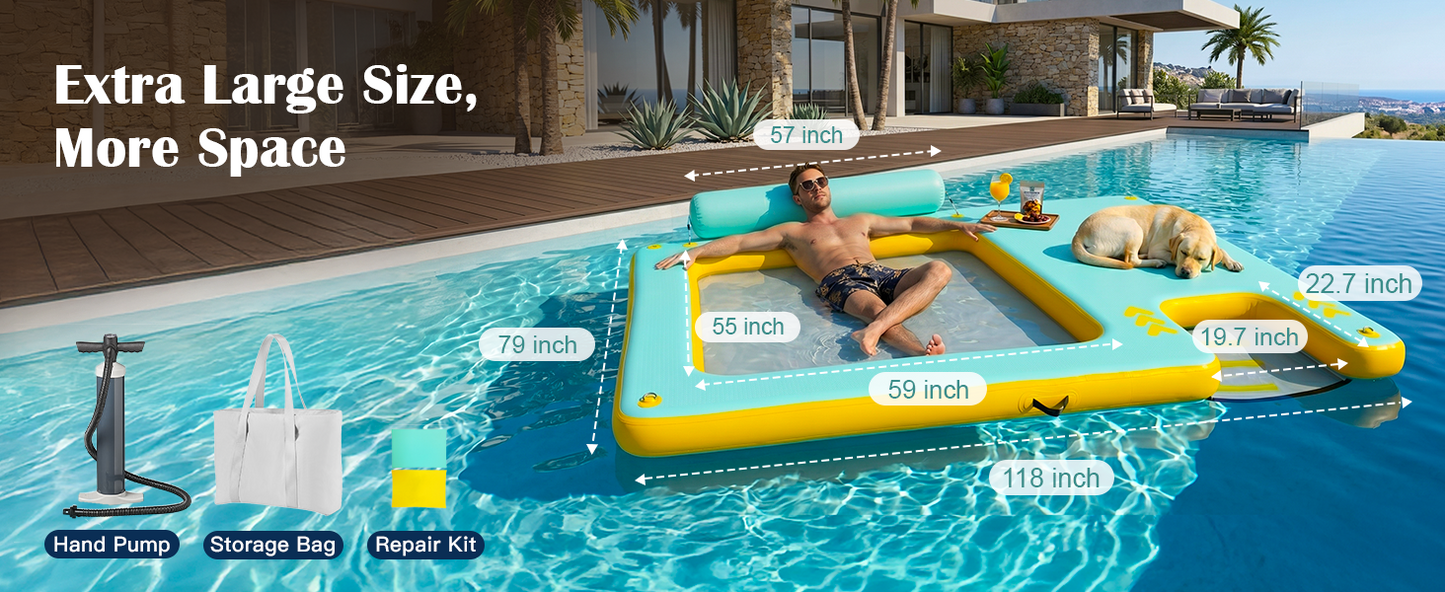 10FT Inflatable Floating Dock with Water Hammock & Dog Ramp, Portable Swim Platform for Lakes, Boats & Pools