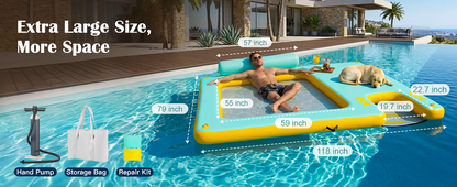 10FT Inflatable Floating Dock with Water Hammock & Dog Ramp, Portable Swim Platform for Lakes, Boats & Pools