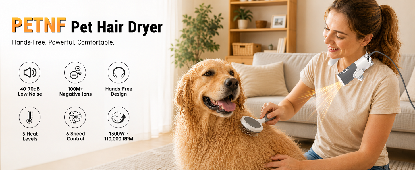 Hands-Free Neck-Hanging Pet Dryer, 1300W 110,000 RPM, 3 Speeds & 5 Heat