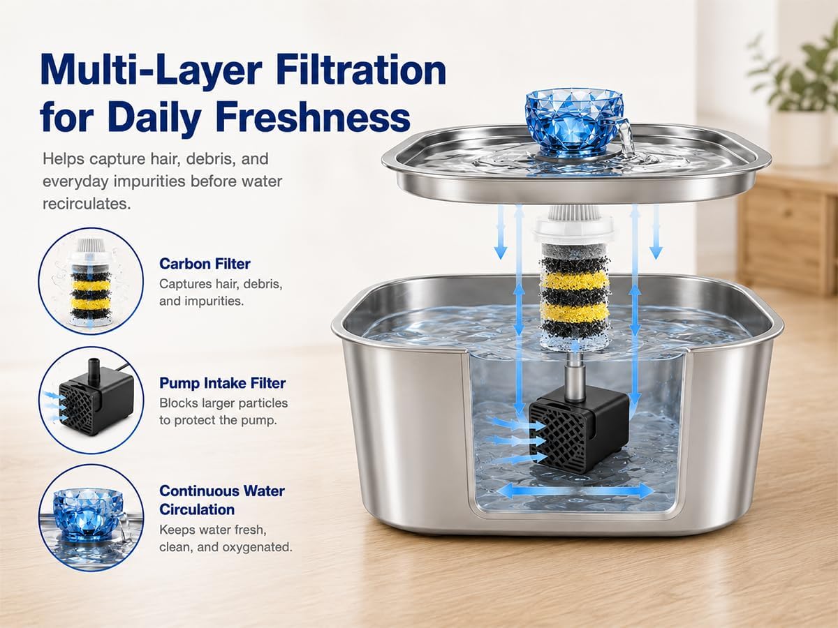 2.4-Gallon Stainless Steel Dog Water Fountain for Large Dogs, 2 Filters, Visible Window, Quiet Pump & LED Low-Water Indicator