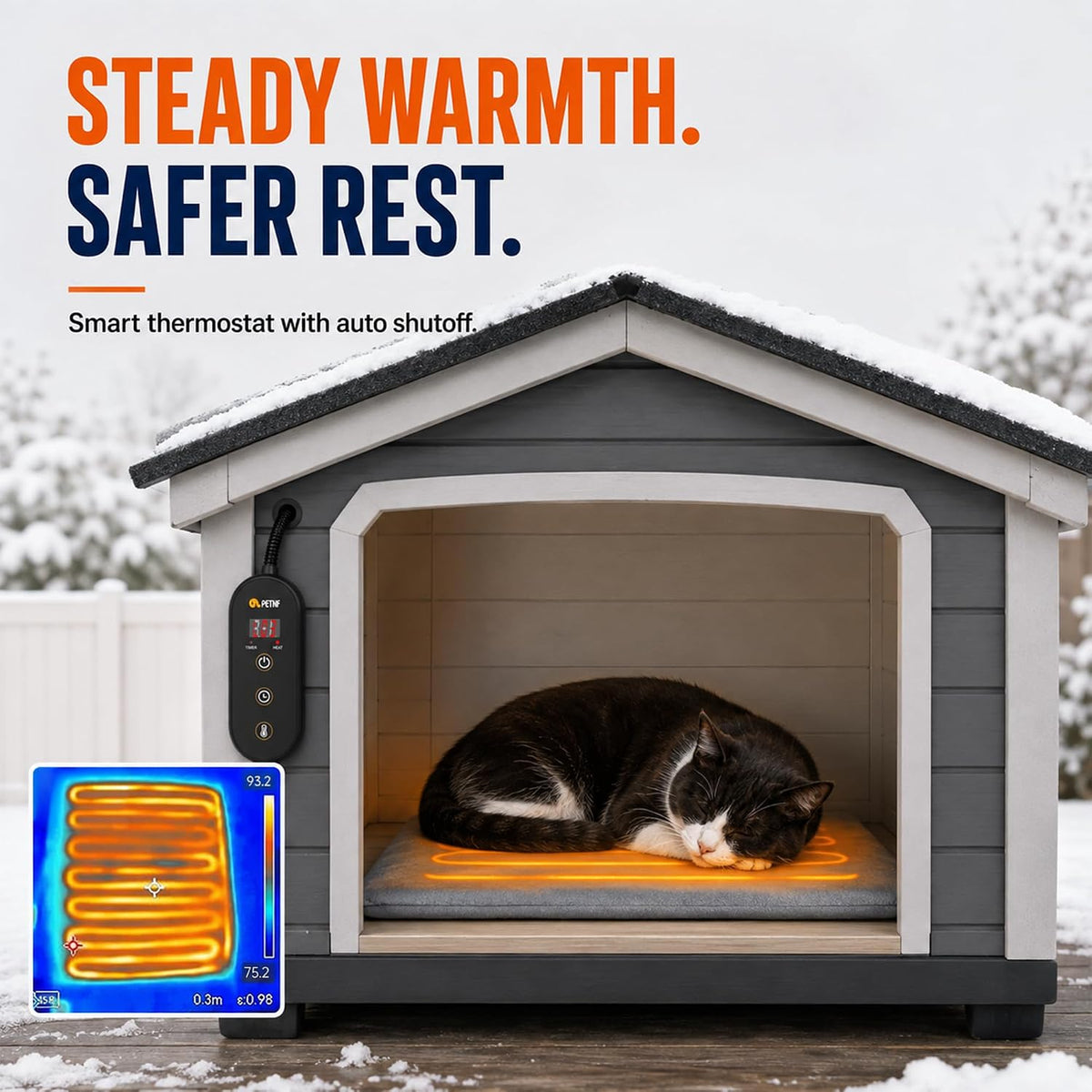 Outdoor Heated Pet Pad with Control Box M, 19.7 x 15.8 in (40 x 50 cm), 6 Heat Levels, Washable Cover, D2522