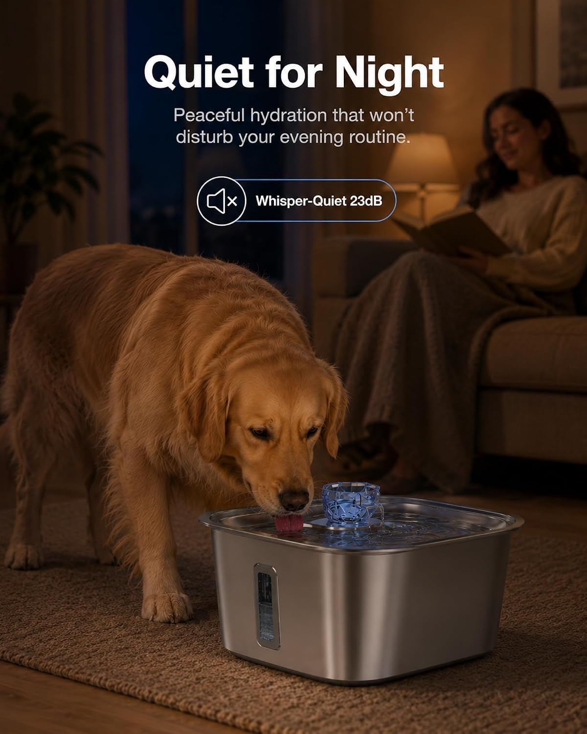 2.4-Gallon Stainless Steel Dog Water Fountain for Large Dogs, 2 Filters, Visible Window, Quiet Pump & LED Low-Water Indicator