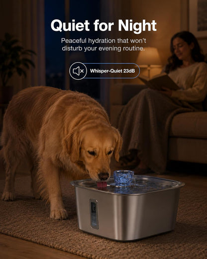 2.4-Gallon Stainless Steel Dog Water Fountain for Large Dogs, 2 Filters, Visible Window, Quiet Pump & LED Low-Water Indicator