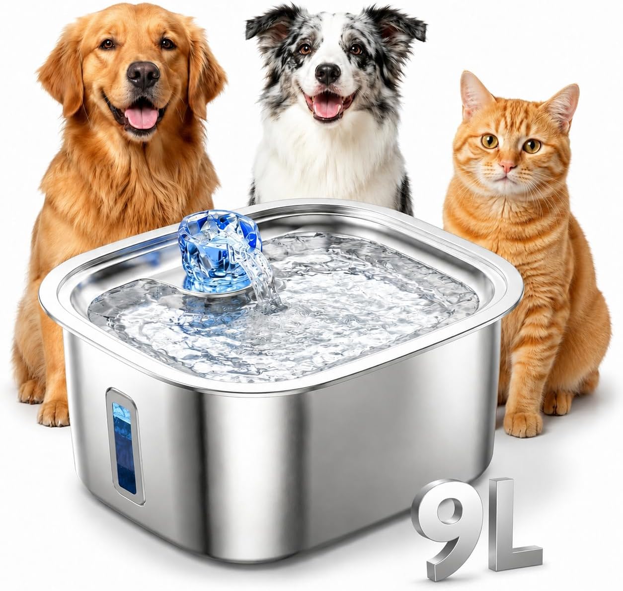 2.4-Gallon Stainless Steel Dog Water Fountain for Large Dogs, 2 Filters, Visible Window, Quiet Pump & LED Low-Water Indicator