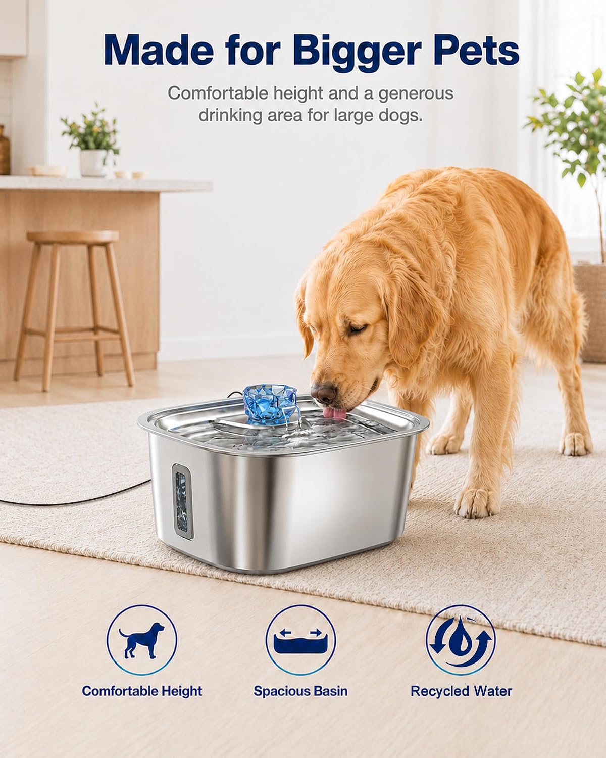 2.4-Gallon Stainless Steel Dog Water Fountain for Large Dogs, 2 Filters, Visible Window, Quiet Pump & LED Low-Water Indicator
