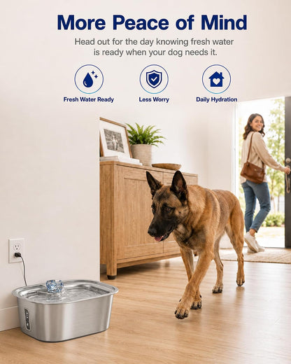 2.4-Gallon Stainless Steel Dog Water Fountain for Large Dogs, 2 Filters, Visible Window, Quiet Pump & LED Low-Water Indicator