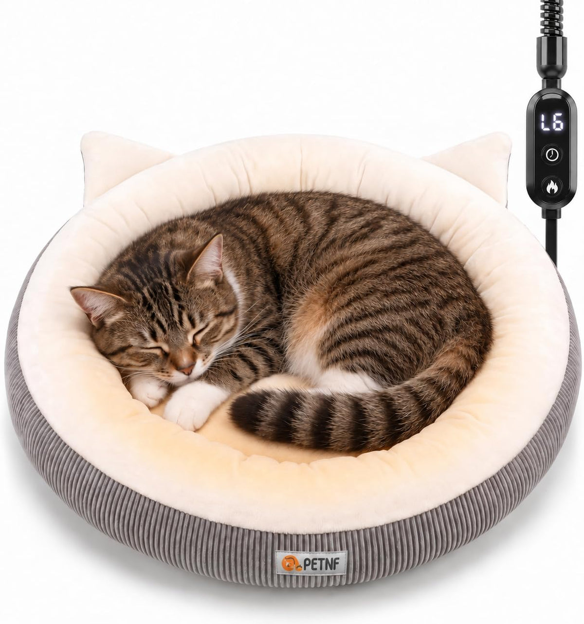 USB Heated Cat Bed, 18.9 in (48 cm) Round, 6 Heat Levels & Timer, Washable Cover, C2604