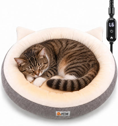 USB Heated Cat Bed, 18.9 in (48 cm) Round, 6 Heat Levels & Timer, Washable Cover, C2604