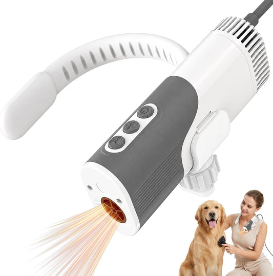 Hands-Free Neck-Hanging Pet Dryer, 1300W 110,000 RPM, 3 Speeds & 5 Heat