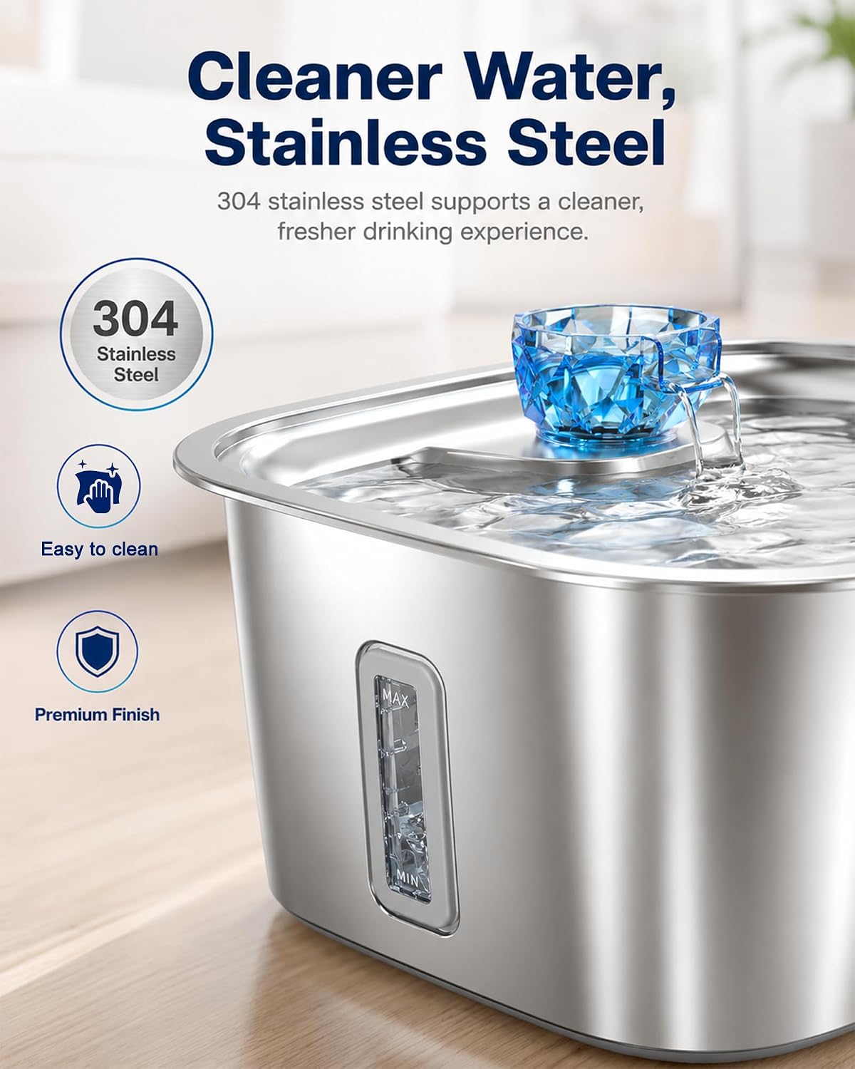 2.4-Gallon Stainless Steel Dog Water Fountain for Large Dogs, 2 Filters, Visible Window, Quiet Pump & LED Low-Water Indicator
