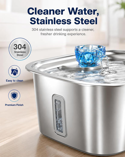 2.4-Gallon Stainless Steel Dog Water Fountain for Large Dogs, 2 Filters, Visible Window, Quiet Pump & LED Low-Water Indicator