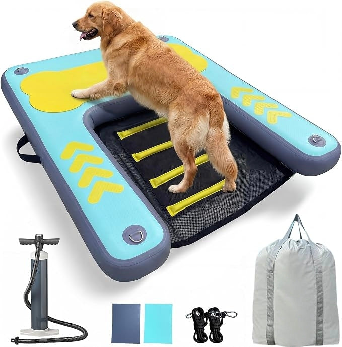 60"×40" Inflatable Dog Water Ramp for Boat & Dock, 240 lbs, EVA Non-Slip, Easy Exit for Large & Senior Dogs