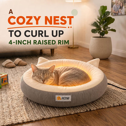 USB Heated Cat Bed, 18.9 in (48 cm) Round, 6 Heat Levels & Timer, Washable Cover, C2604