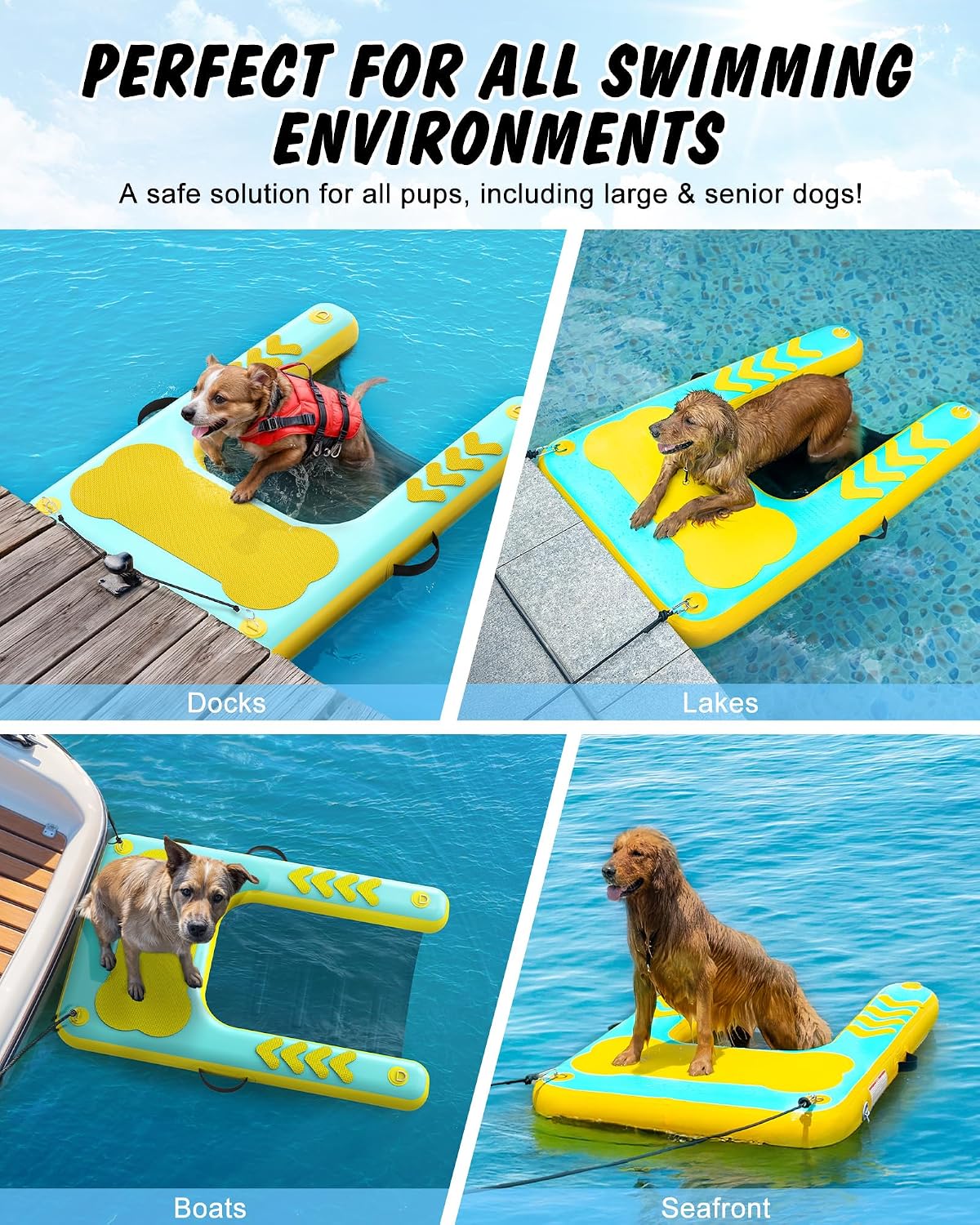 60"×40" Inflatable Dog Water Ramp for Boat & Dock, 240 lbs, EVA Non-Slip, Easy Exit for Large & Senior Dogs