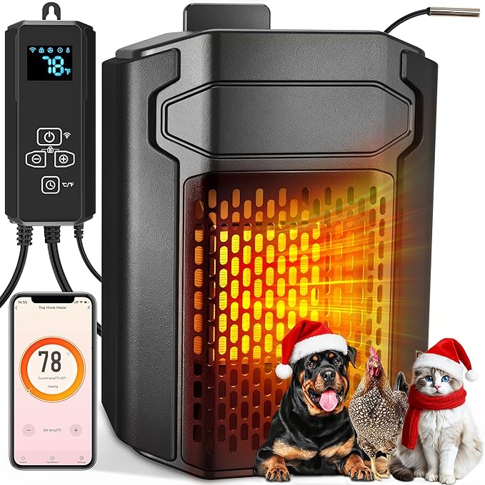 PETNF Dog House Heater with Thermostat & WiFi App Control, 68–104°F Adjustable Temp, 24H Timer, 500W Fast Heating, Safe Anti-Chew Cord, Outdoor Pet Heater for Dogs, Cats & Chicken Coops