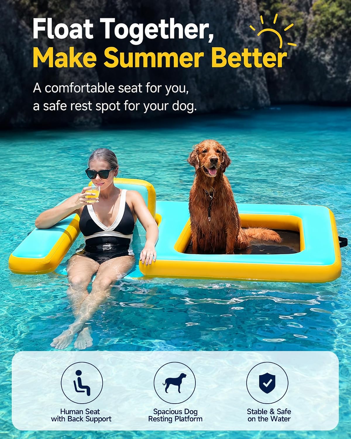 Inflatable Dog Pool Float with Seat, Durable PVC Raft for Dog & Owner, 242 lbs, Portable Floating Lounge