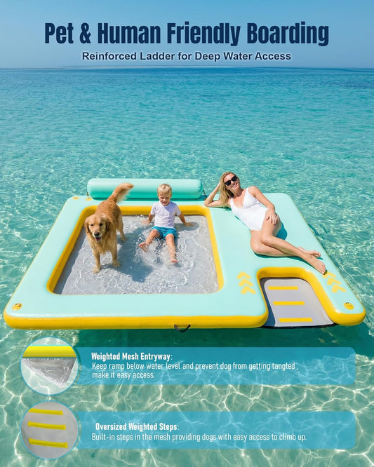 10FT Inflatable Floating Dock with Water Hammock & Dog Ramp, Portable Swim Platform for Lakes, Boats & Pools