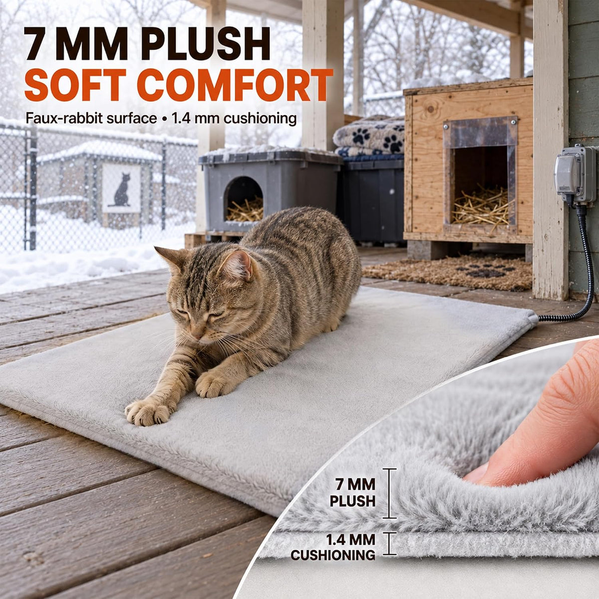 Faux Rabbit Fur Pet Heating Pad M, 20 x 16 in, Plug-in Warmth, Steel Bite-Guard Cord, Washable Cover, D2607