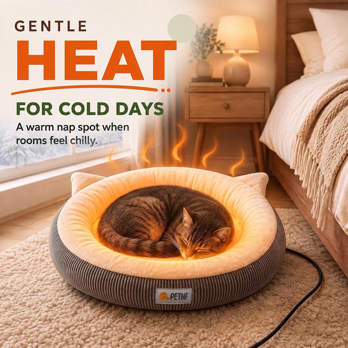 USB Heated Cat Bed, 18.9 in (48 cm) Round, 6 Heat Levels & Timer, Washable Cover, C2604
