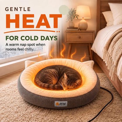 USB Heated Cat Bed, 18.9 in (48 cm) Round, 6 Heat Levels & Timer, Washable Cover, C2604