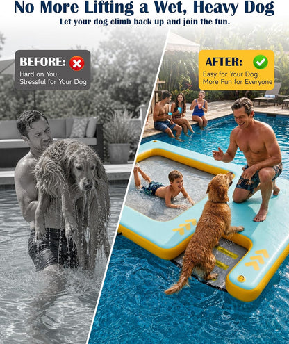 8FT Inflatable Floating Dock with Water Hammock & Dog Ramp, Portable Swim Platform for Lakes, Boats & Pools