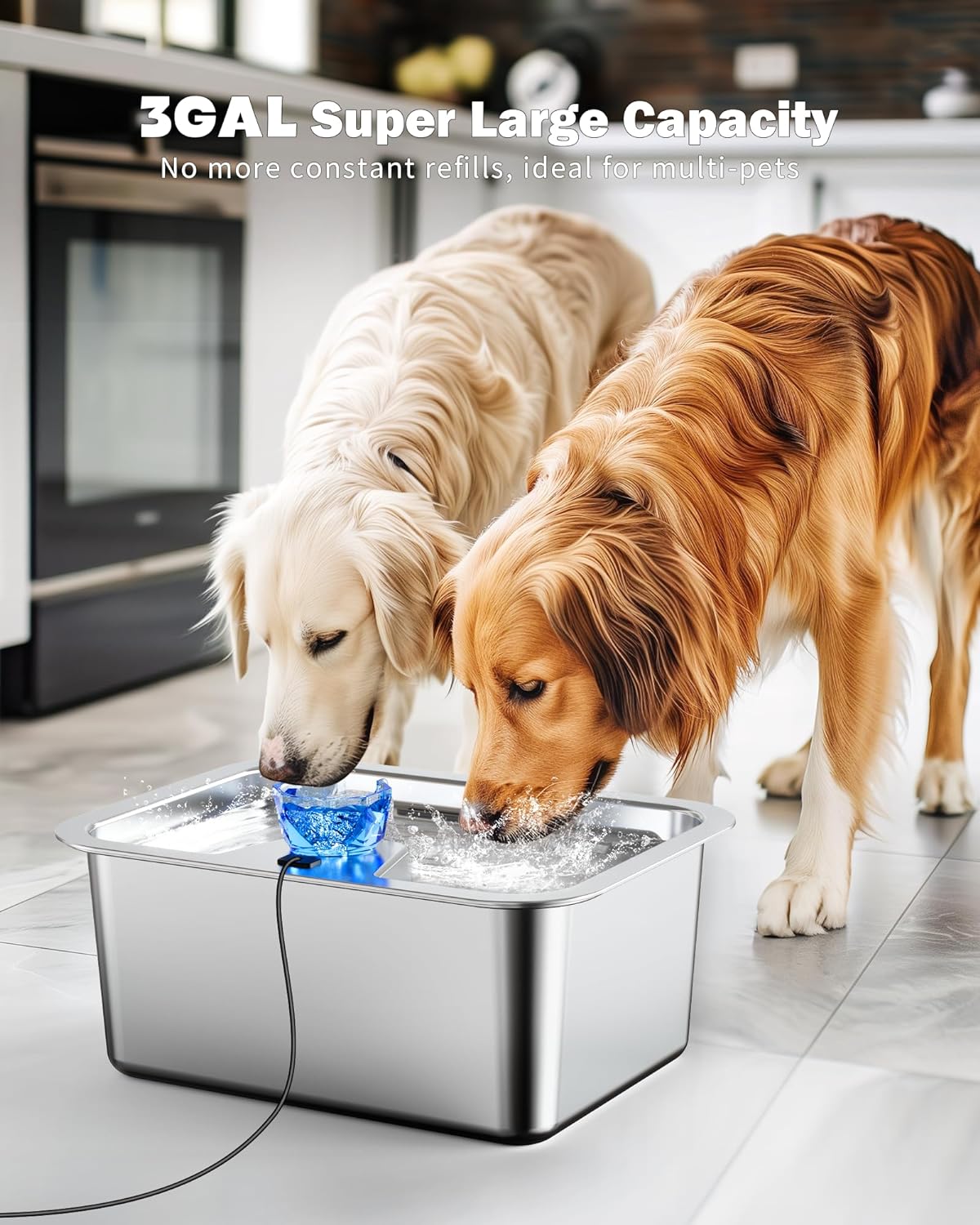 Stainless Steel Dog Water Fountain, 3 Gallon Extra Large Pet Fountains for Large Dogs