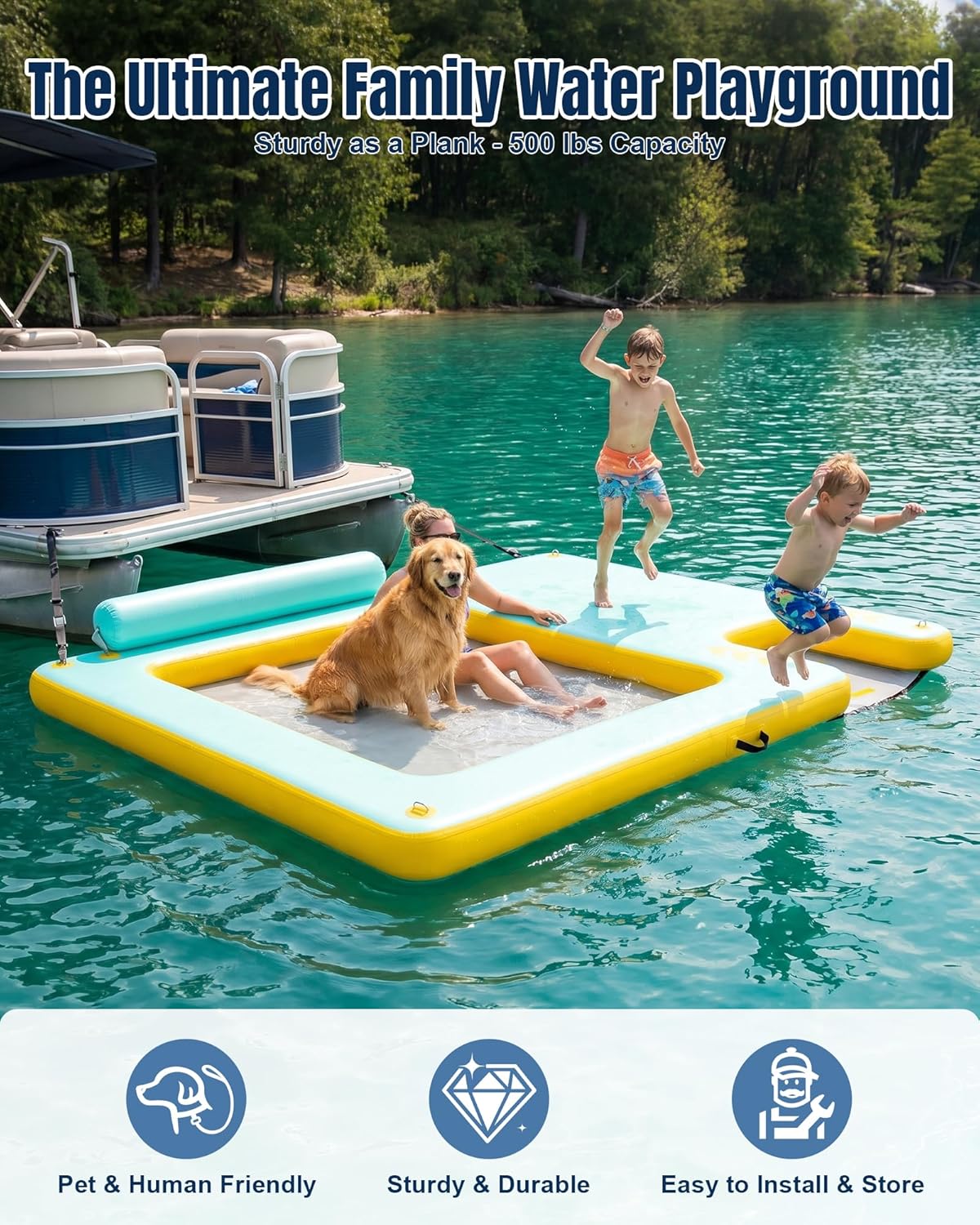 10FT Inflatable Floating Dock with Water Hammock & Dog Ramp, Portable Swim Platform for Lakes, Boats & Pools