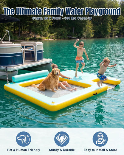 10FT Inflatable Floating Dock with Water Hammock & Dog Ramp, Portable Swim Platform for Lakes, Boats & Pools