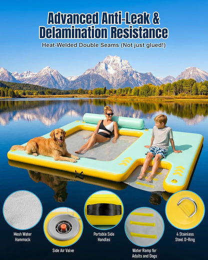 10FT Inflatable Floating Dock with Water Hammock & Dog Ramp, Portable Swim Platform for Lakes, Boats & Pools