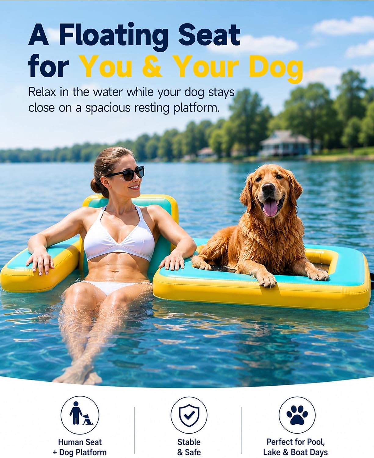 Inflatable Dog Pool Float with Seat, Durable PVC Raft for Dog & Owner, 242 lbs, Portable Floating Lounge