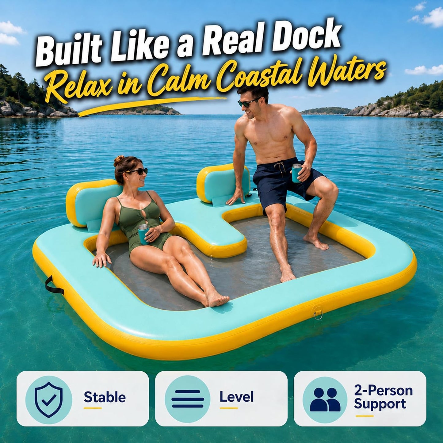 71"×71" Inflatable Floating Dock for 2 Adults, 500 lbs, Mesh Hammock, UV & Puncture Resistant