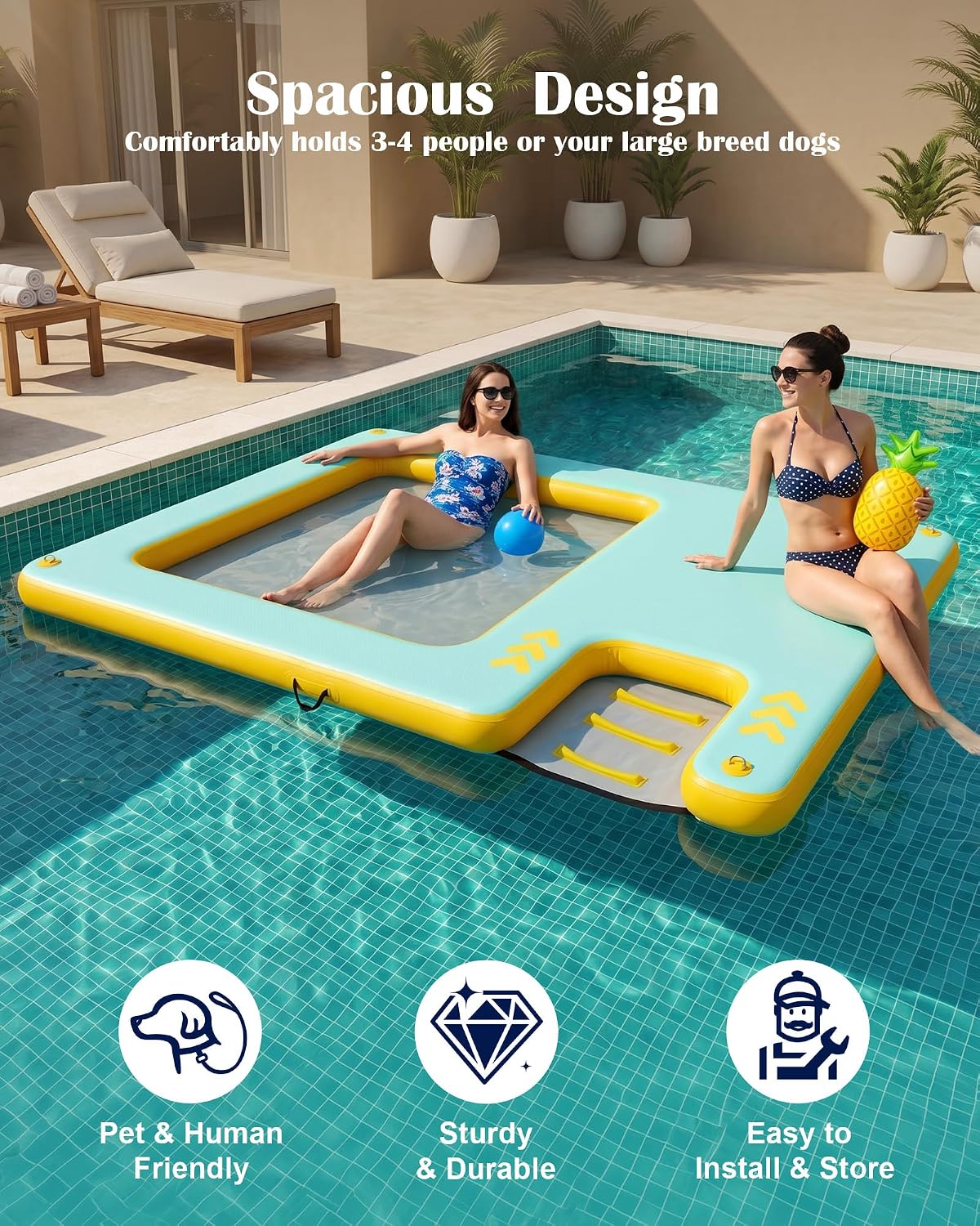 8FT Inflatable Floating Dock with Water Hammock & Dog Ramp, Portable Swim Platform for Lakes, Boats & Pools