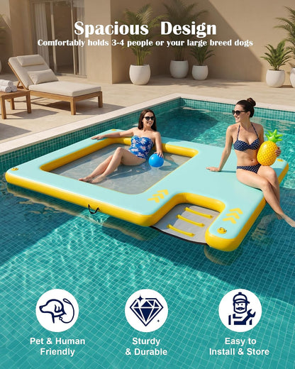 8FT Inflatable Floating Dock with Water Hammock & Dog Ramp, Portable Swim Platform for Lakes, Boats & Pools