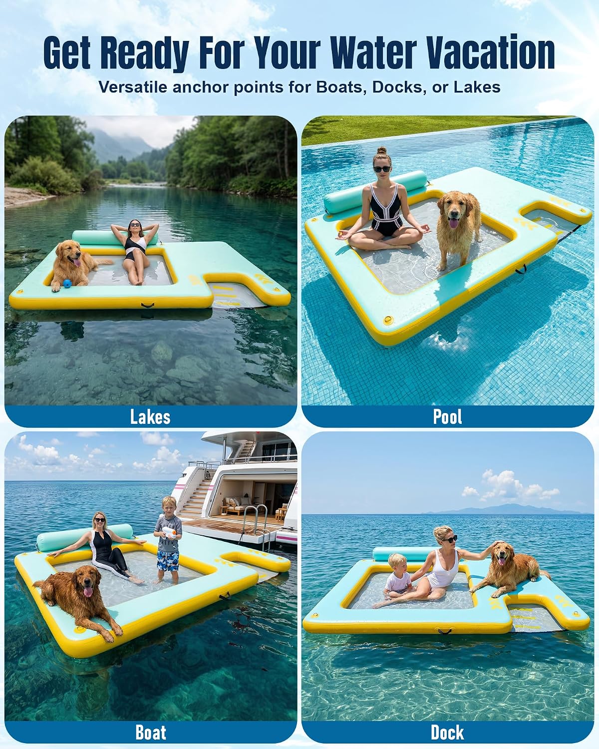 10FT Inflatable Floating Dock with Water Hammock & Dog Ramp, Portable Swim Platform for Lakes, Boats & Pools
