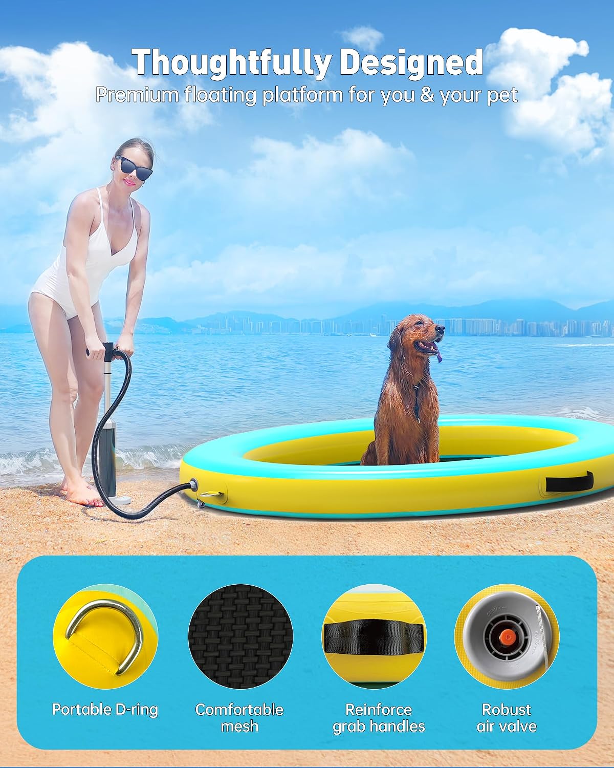 75"×55" Inflatable Dog Pool Float Lounger, Heavy-Duty PVC Raft for Large Dogs & Owner, 265 lbs