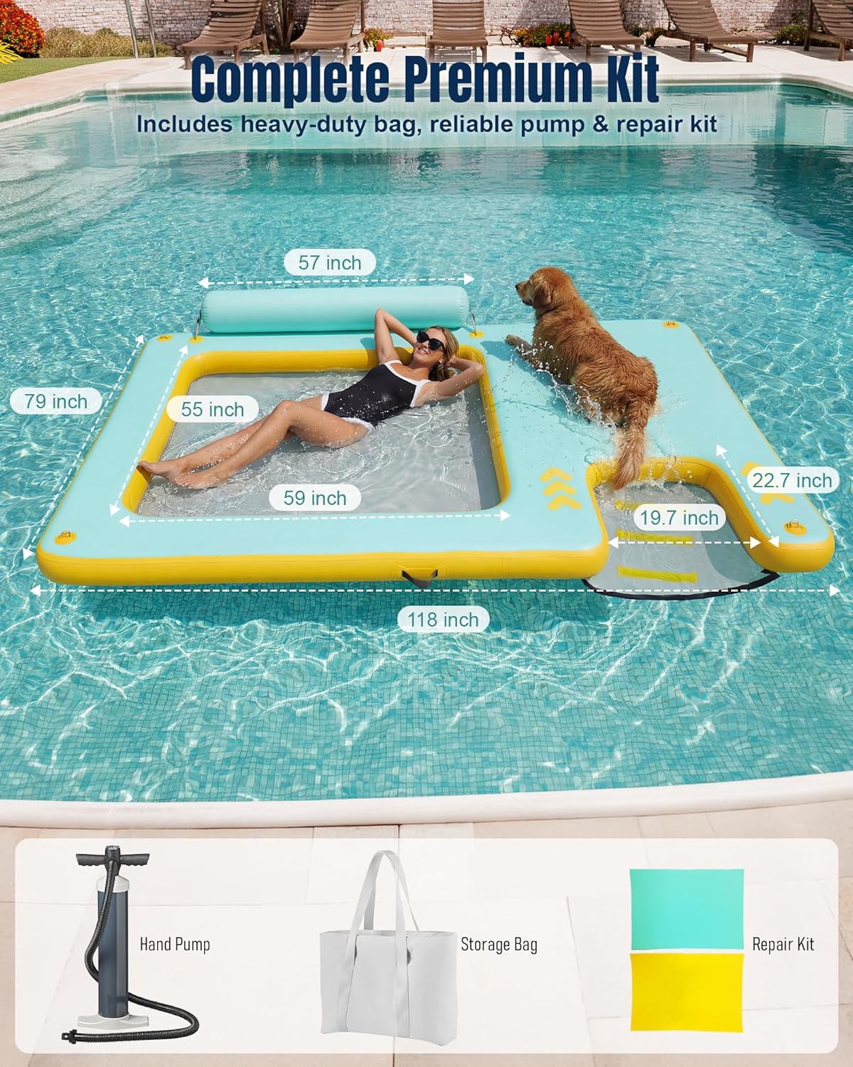 10FT Inflatable Floating Dock with Water Hammock & Dog Ramp, Portable Swim Platform for Lakes, Boats & Pools