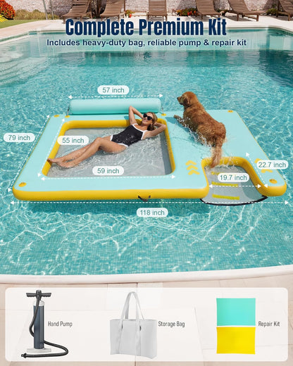 10FT Inflatable Floating Dock with Water Hammock & Dog Ramp, Portable Swim Platform for Lakes, Boats & Pools