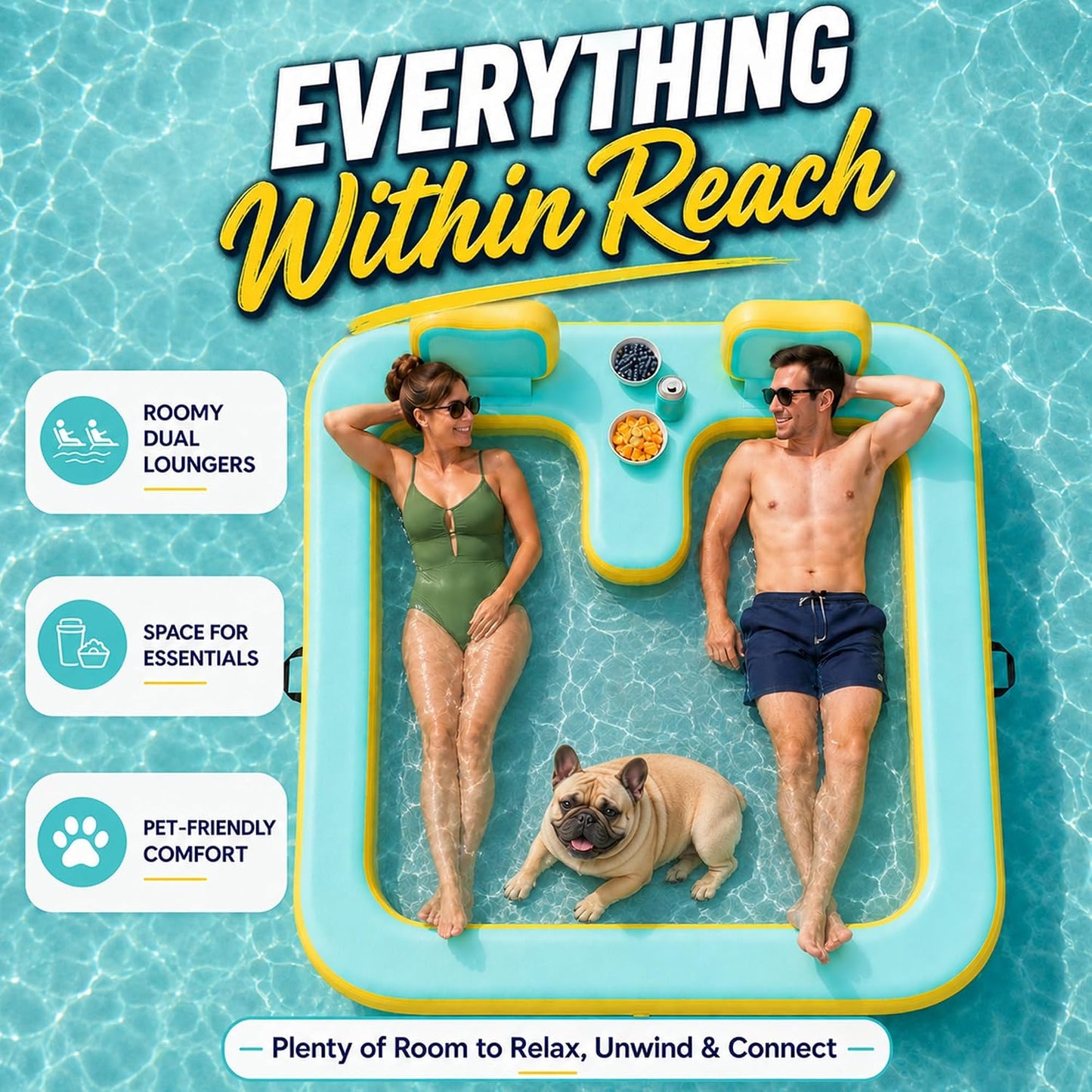 71"×71" Inflatable Floating Dock for 2 Adults, 500 lbs, Mesh Hammock, UV & Puncture Resistant
