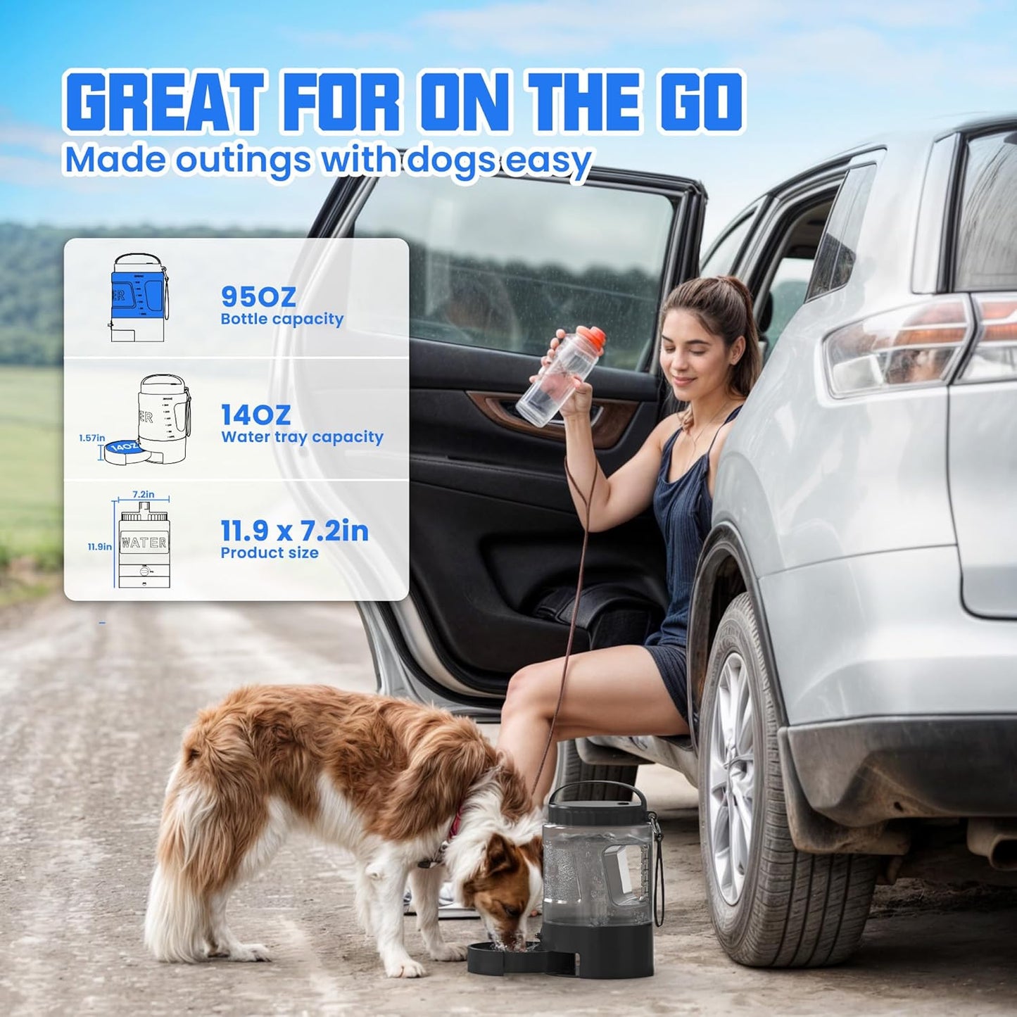 95OZ Dog Water Bottle with Pull-Out Bowl, Leak-Proof Portable Dispenser for Travel & Outdoors