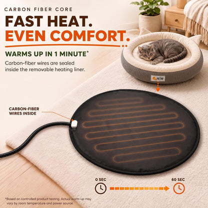 USB Heated Cat Bed, 18.9 in (48 cm) Round, 6 Heat Levels & Timer, Washable Cover, C2604