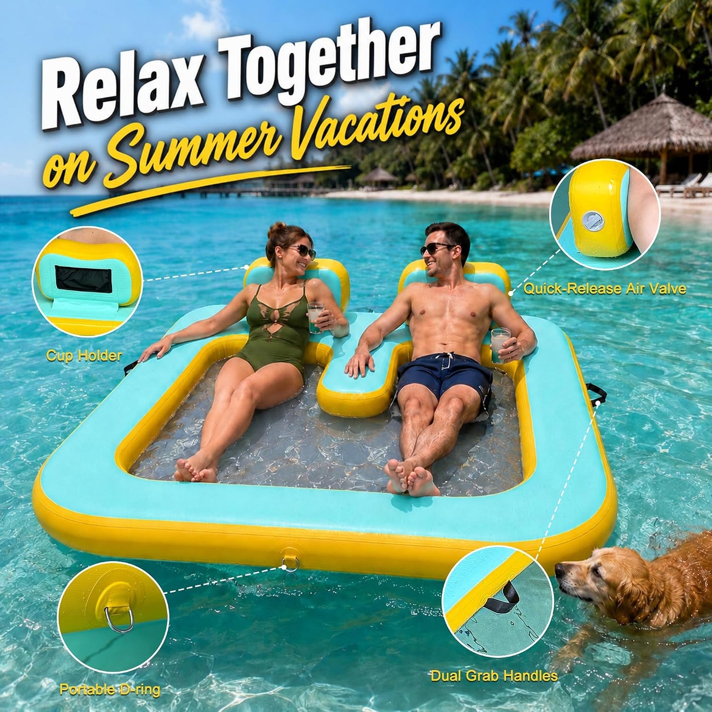 71"×71" Inflatable Floating Dock for 2 Adults, 500 lbs, Mesh Hammock, UV & Puncture Resistant