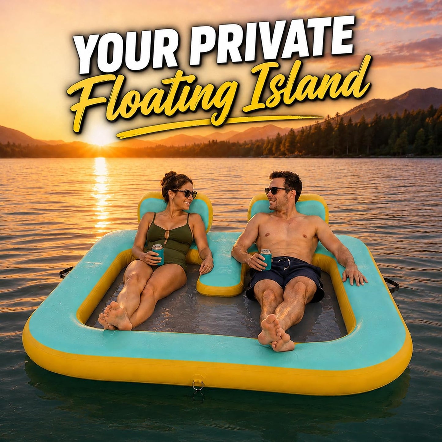 71"×71" Inflatable Floating Dock for 2 Adults, 500 lbs, Mesh Hammock, UV & Puncture Resistant
