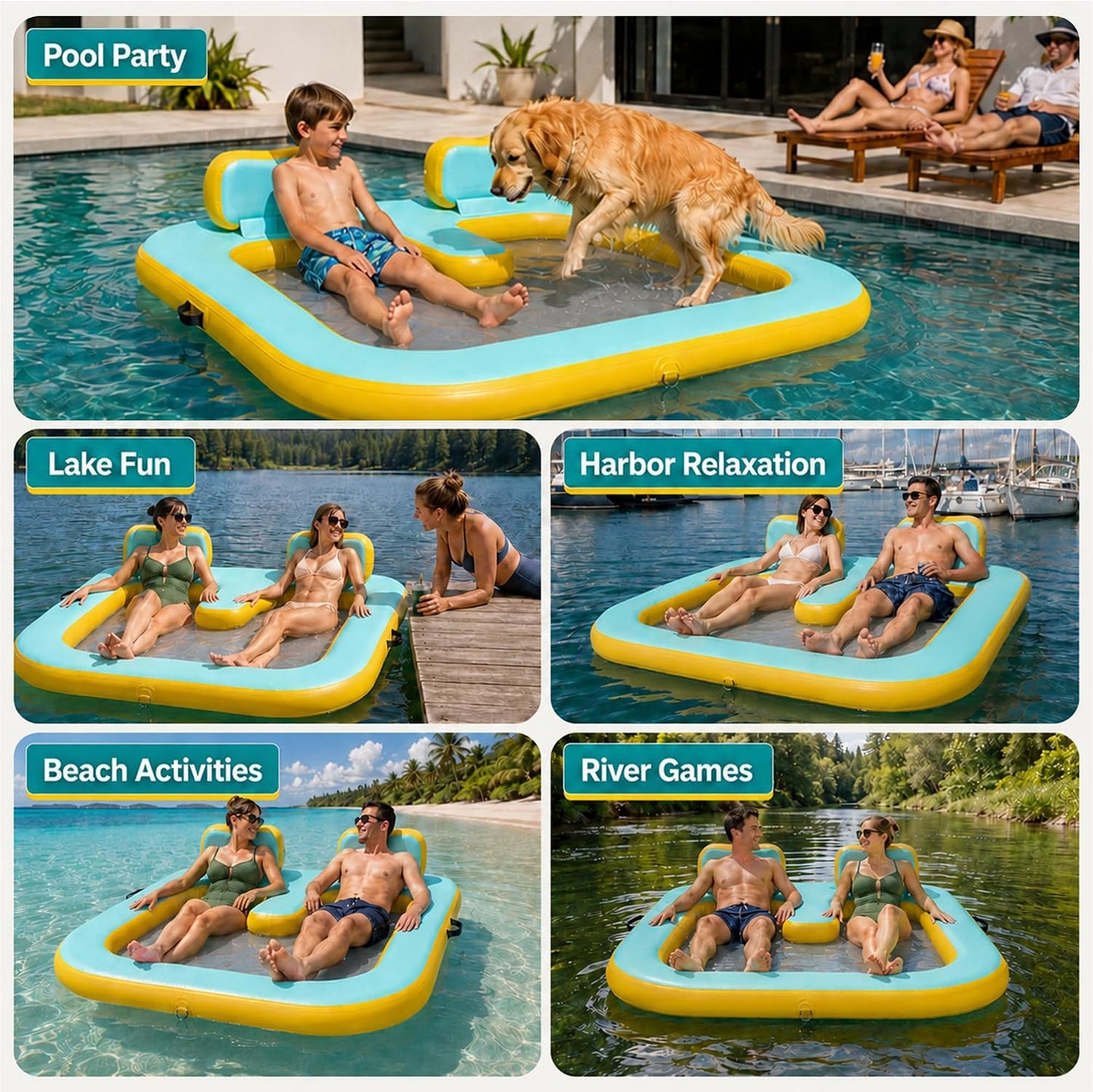 71"×71" Inflatable Floating Dock for 2 Adults, 500 lbs, Mesh Hammock, UV & Puncture Resistant