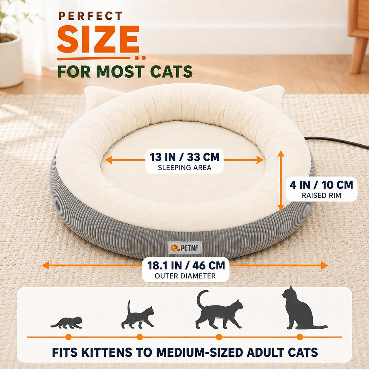USB Heated Cat Bed, 18.9 in (48 cm) Round, 6 Heat Levels & Timer, Washable Cover, C2604