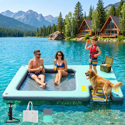 8FT Inflatable Floating Dock with Water Hammock & Dog Ramp, Portable Swim Platform for Lakes, Boats & Pools D2503-1